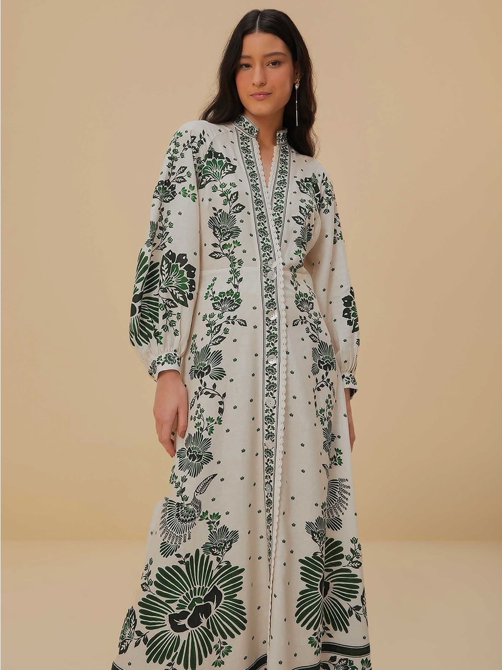 Farm Rio White Maxi Dress with Green Floral Print